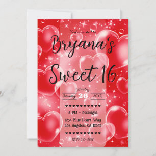 Invitation Cœurs Rouge Bulles Fille Mignonne Anniversaire 90'