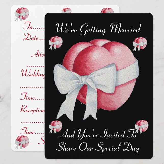 Invitation coeurs rouges avec ruban blanc mariage invite (Devant / Derrière)