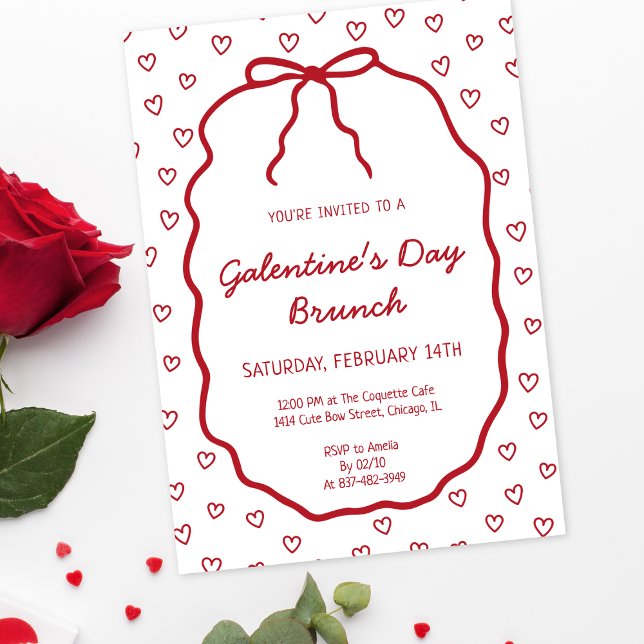 Invitation Coeurs rouges mignons avec Bow Galentine's Day Par (Créateur téléchargé)