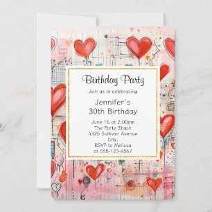 Invitation Cœurs Rouges Motif Amour Fantaisie Anniversaire