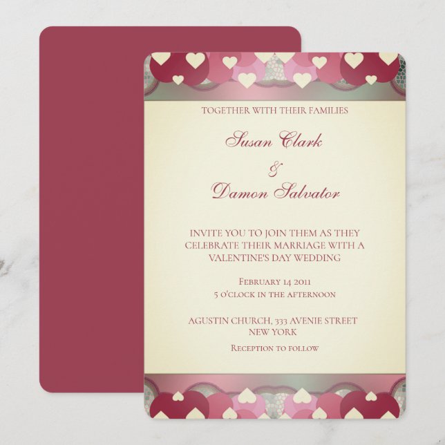 Invitation Coeurs rouges roses Saint Valentin (Devant / Derrière)