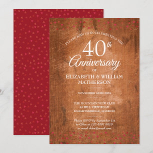 Invitation Cœurs rubis Rustique Bois Vintage 40e Anniversaire