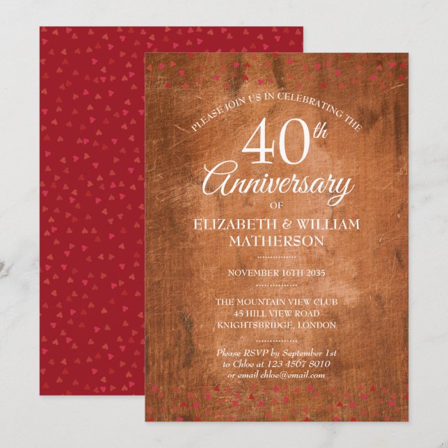 Invitation Cœurs rubis Rustique Bois Vintage 40e Anniversaire (Devant / Derrière)