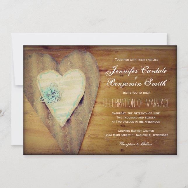 Invitation Coeurs rustiques Grange Mariage campagnard Invitat (Devant)