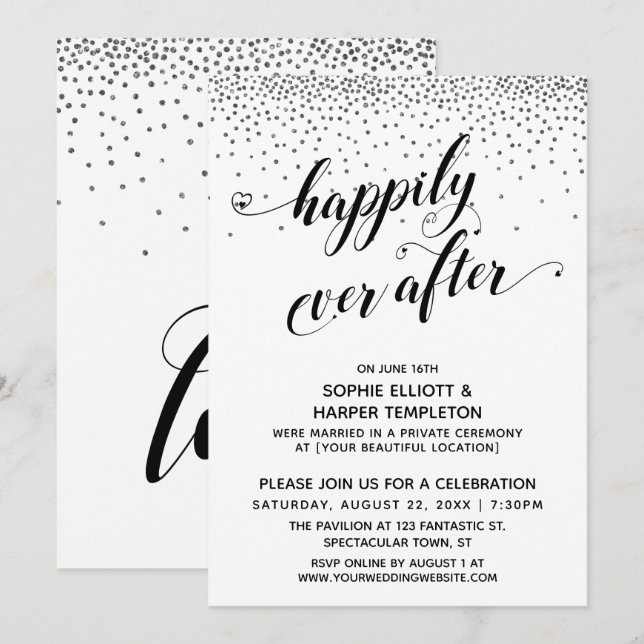 Invitation Cœurs Script Happily Ever Ever Confettis Argentés (Devant / Derrière)