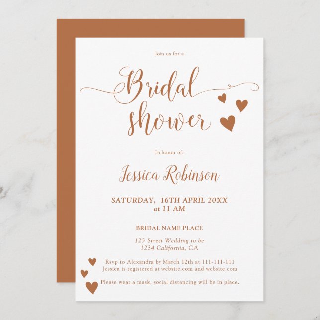 Invitation Coeurs simples en terre cuite script chic douche n (Devant / Derrière)