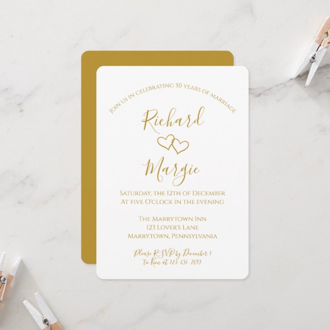 Invitation Coeurs tirés à la main 50e fête d'anniversaire du  (Devant/Arrière en situation)