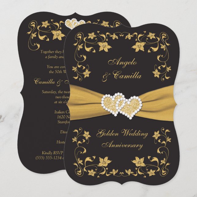 Invitation Cœurs Unis Black Gold pour le 50e anniv (Devant / Derrière)