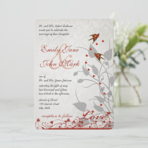 Invitation Coeurs vintages d'oiseaux rouges sur mariage argen