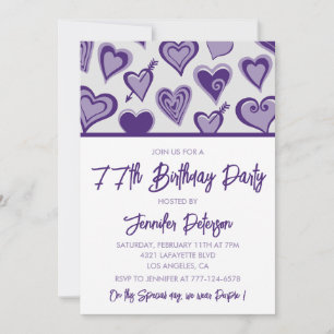 Invitation Cœurs violets Filleulage 77e anniversaire