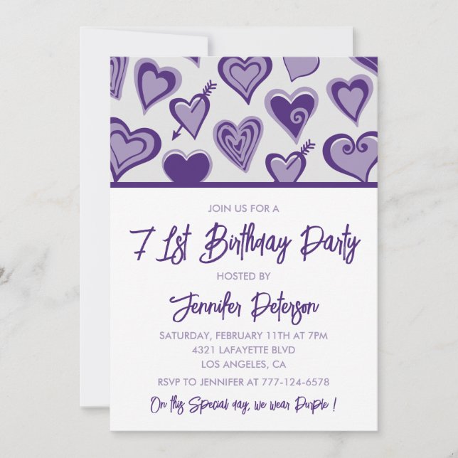 Invitation Cœurs violets Soirée Filleul 71e anniversaire (Devant)