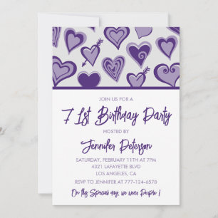 Invitation Cœurs violets Soirée Filleul 71e anniversaire