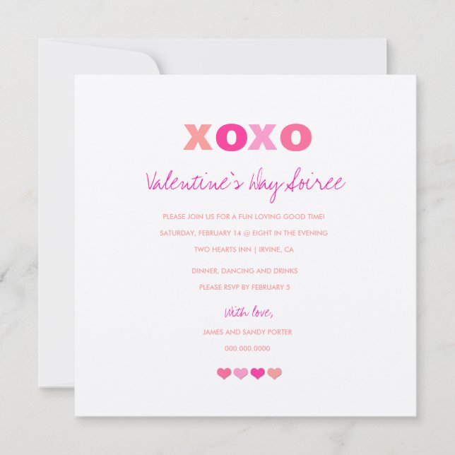 Invitation Coeurs XOXO métalliques dans une rangée (Devant)