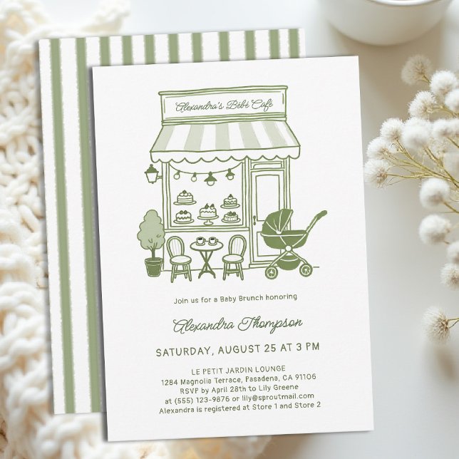 Invitation Coffee Lover Bebe Brewing Brunch Green Baby Shower (baby shower brunch invitation coffee theme brewing olive green bistro hand drawn modern chic)