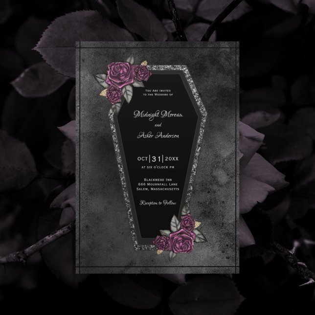 Invitation Coffin Black Grey Roses Sparkle Halloween Wedding  (Créateur téléchargé)
