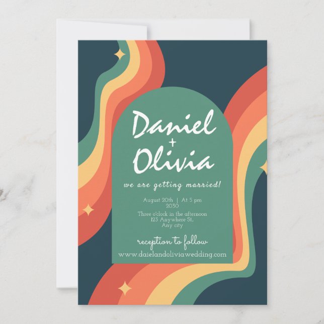 Invitation Coin arc-en-ciel rétro avec Mariage QR (Devant)