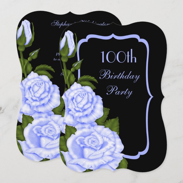 Invitation Coin chic Fleurs Bleues 100e Anniversaire (Devant / Derrière)