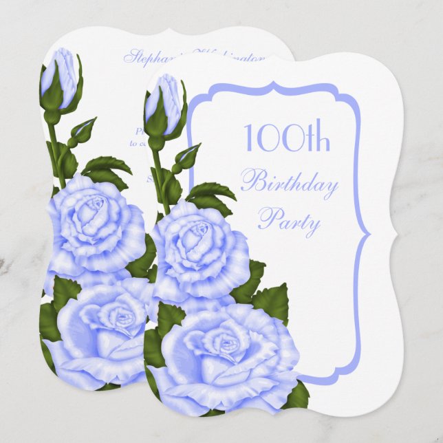 Invitation Coin chic Fleurs Bleues 100e Anniversaire (Devant / Derrière)