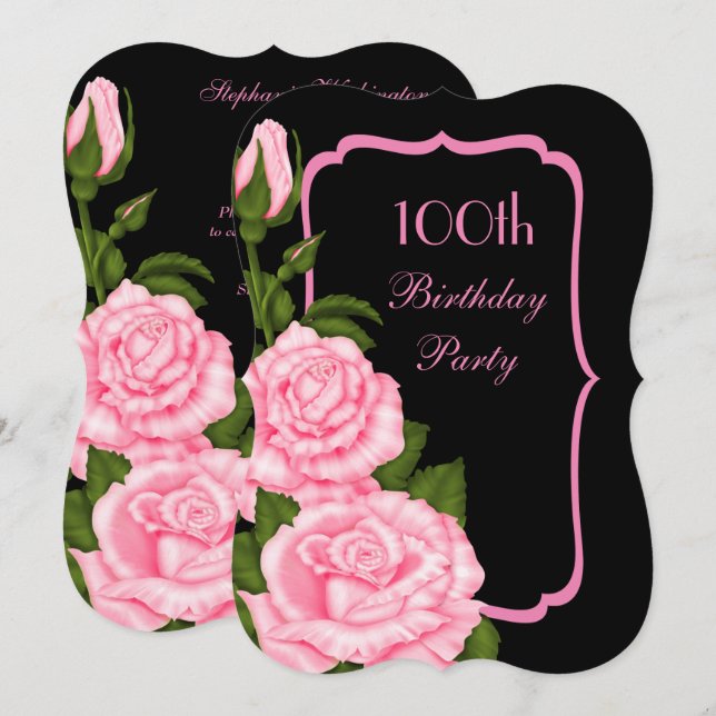 Invitation Coin Chic Fleurs Roses Roses 100e Anniversaire (Devant / Derrière)