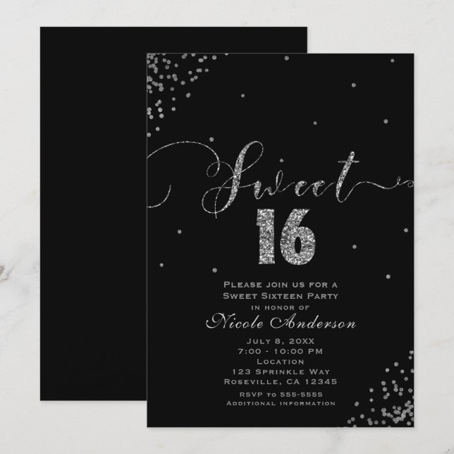Invitation Coin d'annonces noir et argent à seize confettis (Devant / Derrière)