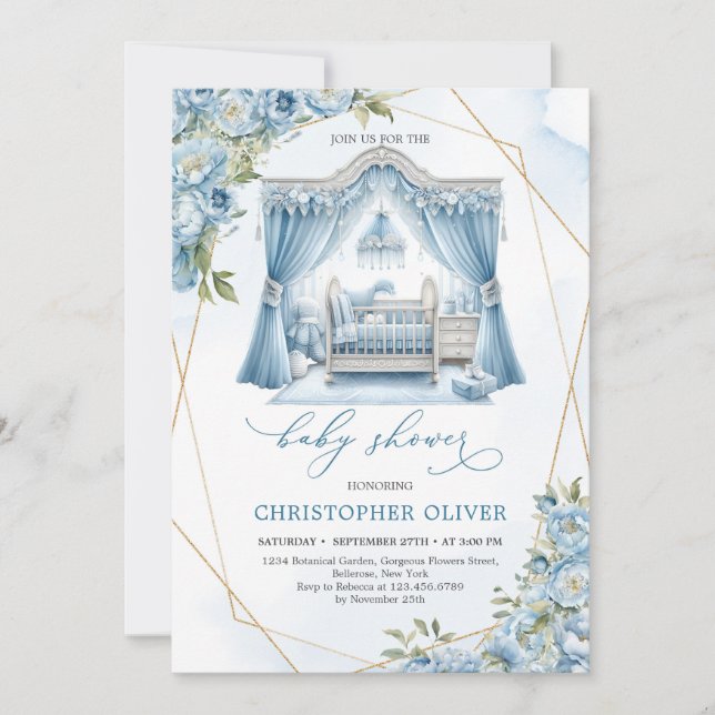 Invitation Coin garçon avec fleurs bleues poussiéreuses dans  (Devant)