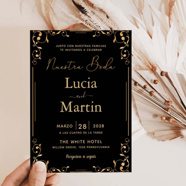 Invitation Coin Ornement Or Espagnol Noir Nuestra Boda (Créateur téléchargé)