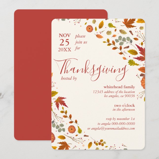 Invitation Coins de citrouille de feuille de Thanksgiving (Devant / Derrière)