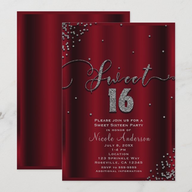 Invitation Coins de confettis rouges et argentés SWEET 16 Sei (Devant / Derrière)