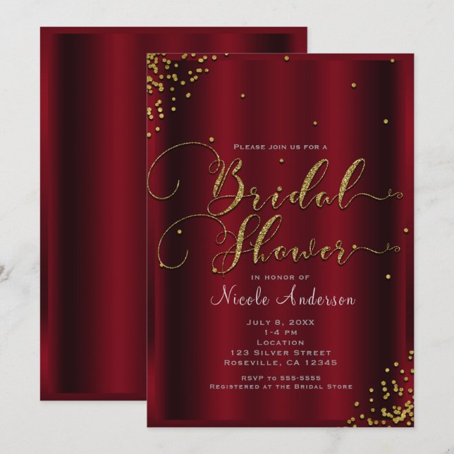 Invitation Coins de confettis rouges et dorés gras pour la do (Devant / Derrière)