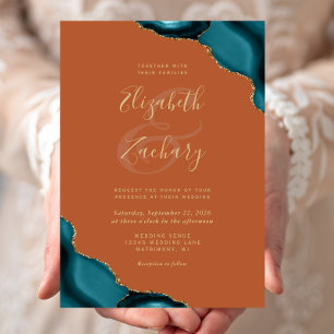 Invitation Coins de Nacre Bleu Turquoise Mariage Orange Brûlé