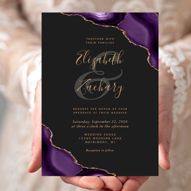 Invitation Coins de Noces de Mariage Foncé Agate Or Violet (Créateur téléchargé)