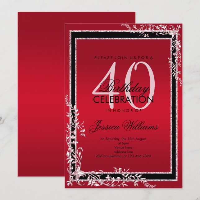 Invitation Coins décoratifs Ruby & Black Anniversaire (Devant / Derrière)