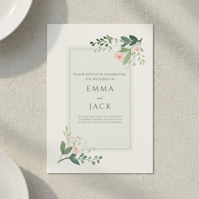Invitation Coins floraux doux Vert Beige Elégant mariage (Soft Floral Corners Green Beige Elegant wedding Invitation.)