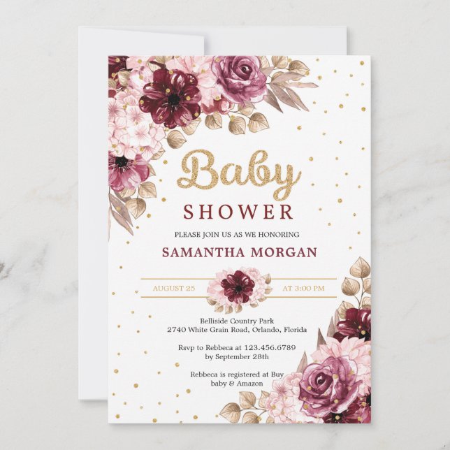 Invitation Coins floraux roses bordeaux or fille baby shower (Devant)