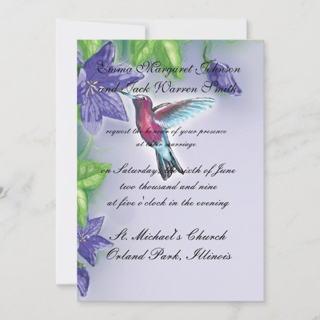 Invitation colibri élégant fleurs violettes mariage (Devant)