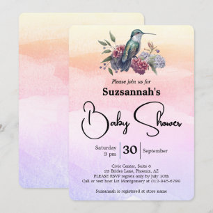 Invitation Colibri et Fleurs Sur Un Shower Bébé à l'aquarelle