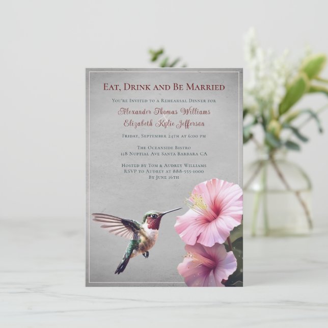 Invitation Colibri et Hibiscus | Dîner de répétition gris (Debout devant)