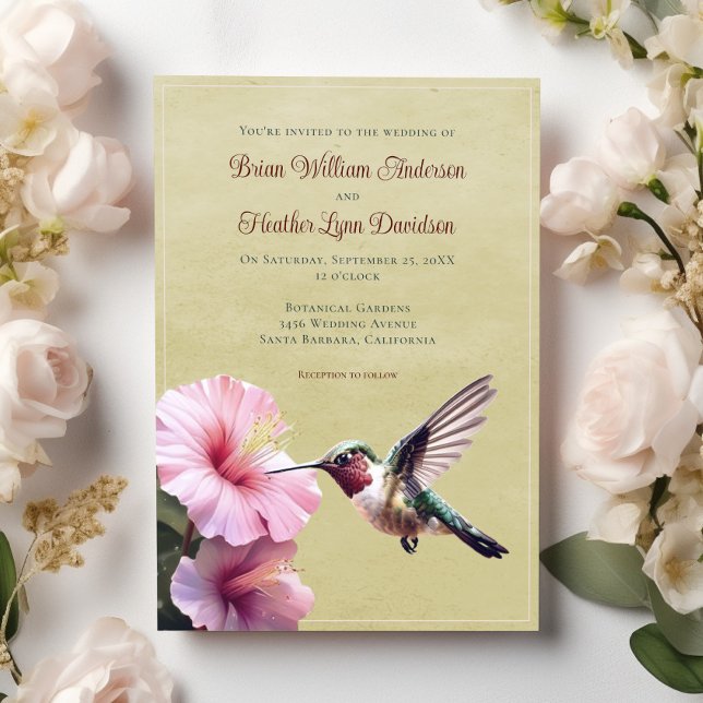 Invitation Colibri et Mariage d'Hibiscus | Jaune (Yellow Hummingbird and Hibiscus Wedding Invitation)