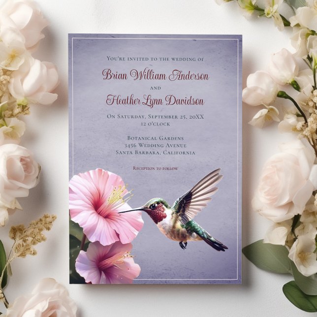 Invitation Colibri et Mariage d'Hibiscus | Pourpre (Purple Hummingbird and Hibiscus Wedding Invitation)