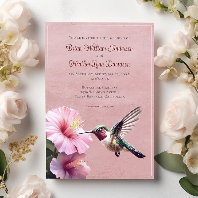 Invitation Colibri et Mariage d'Hibiscus | Rose (Pink Hummingbird and Hibiscus Wedding Invitation)