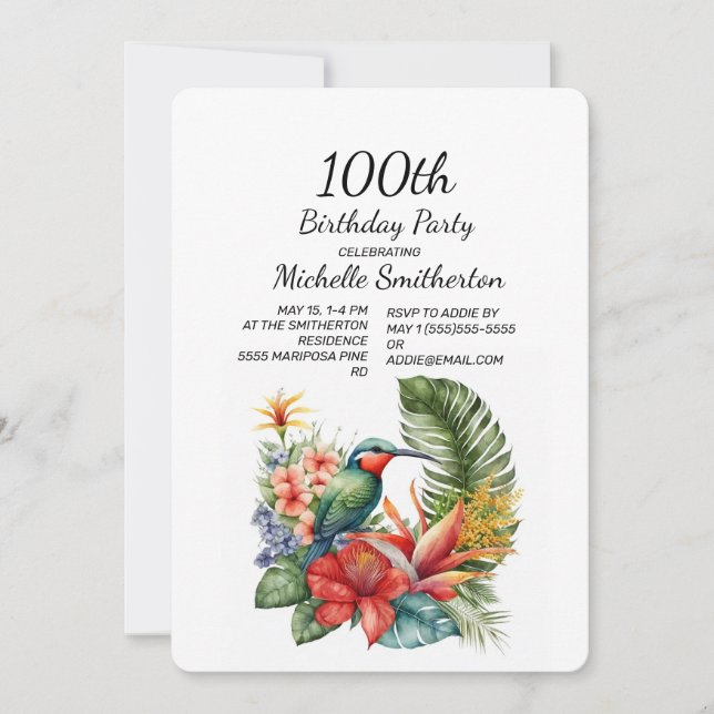 Invitation Colibri floral tropical 100e anniversaire (Devant)