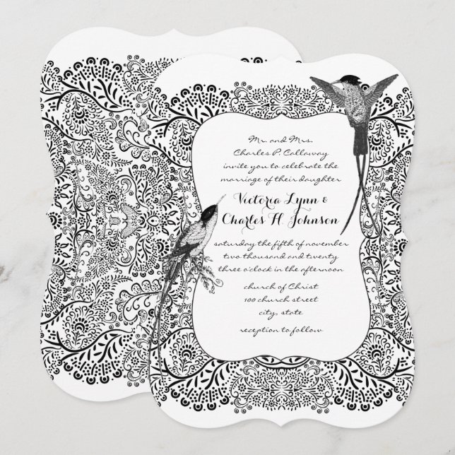 Invitation Colibri romantique motif noir et blanc (Devant / Derrière)