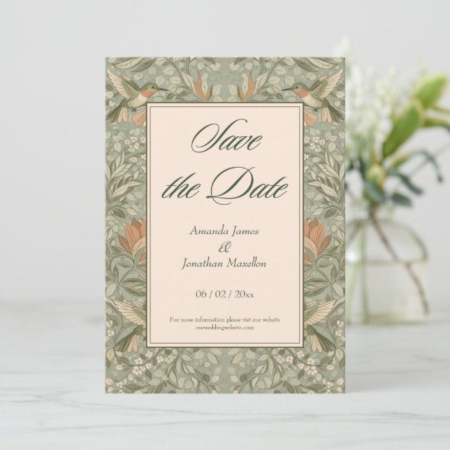 Invitation Colibris et Fleurs Art Nouveau Save the Date (Debout devant)