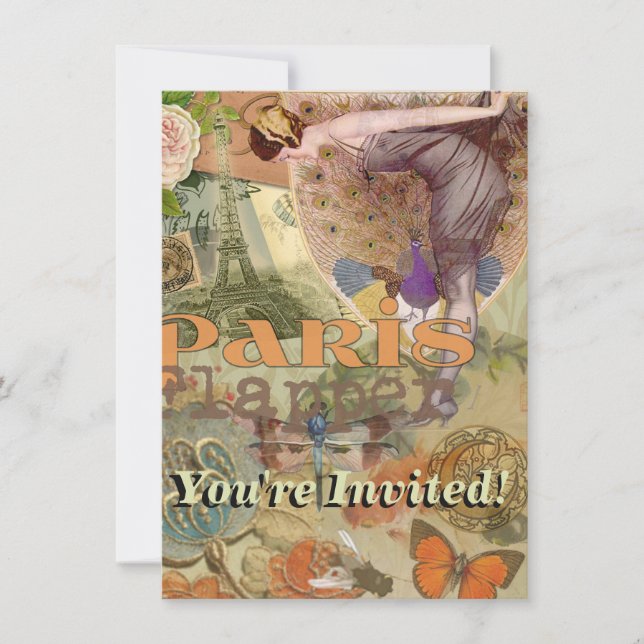Invitation Collage Art Déco Paon Flapper Paris Vintage (Devant)