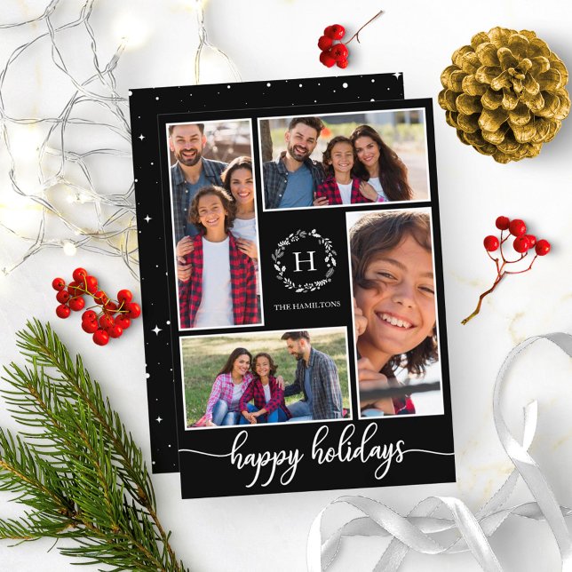Invitation Collage de 4 photos Monogramme Joyeux Noël Noir (Créateur téléchargé)