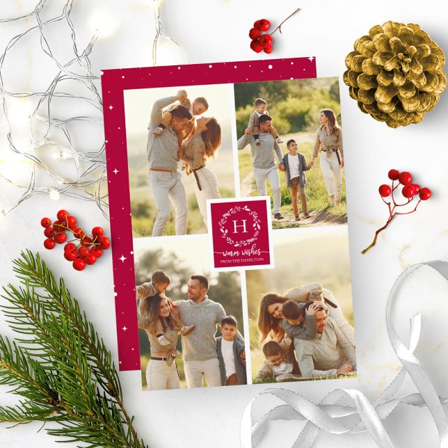 Invitation Collage de 4 photos Vœux chaleureux Noël Monogramm (Créateur téléchargé)