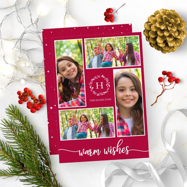 Invitation Collage de 4 photos Vœux chaleureux Noël Monogramm (Créateur téléchargé)