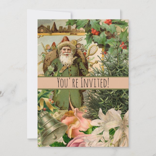 Invitation Collage de Noël Père Noël vert de l'ancien monde A (Devant)
