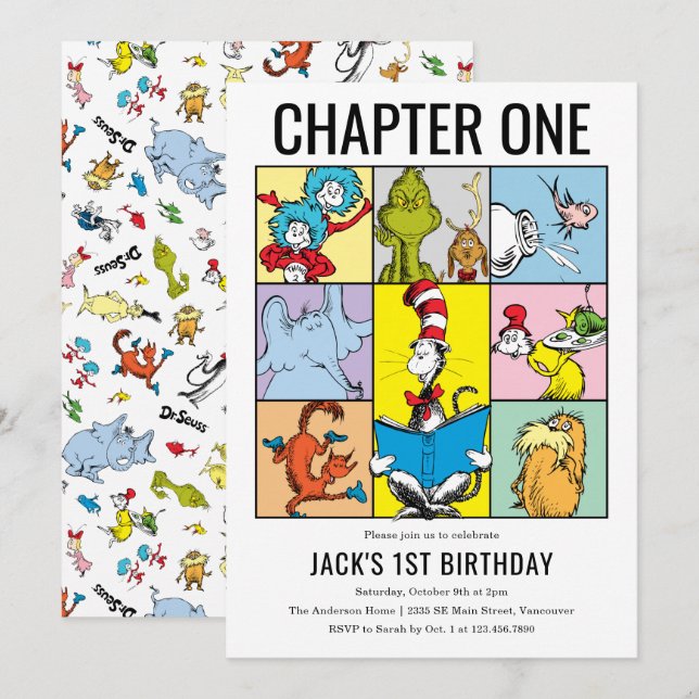 Invitation Collage de personnage d'anniversaire du Dr Seuss C (Devant / Derrière)