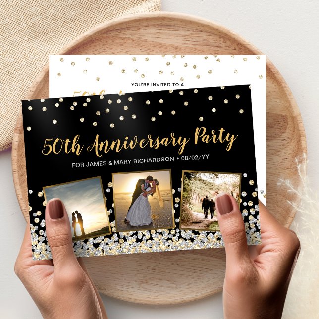 Invitation Collage de photos avec confettis Fête d'anniversai (Confetti Photo Collage 50th Anniversary Party Invitation)